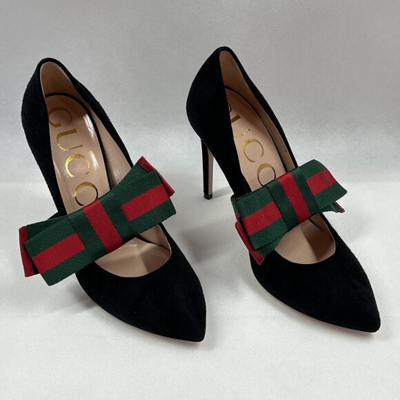 NIB Authentic Gucci Sylvie Black Suede Pumps with Green & Red Stripe Web Bow - Picture 7 of 15